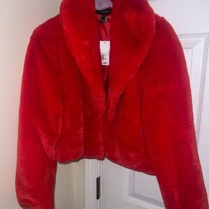 Forever 21 Red Plush Cropped Teddy Jacket